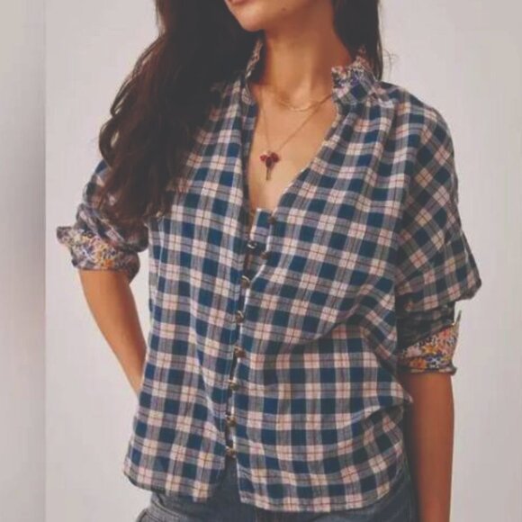 ANTHROPOLOGIE PILCRO Peach Tavi Plaid Button-Down Blouse in Navy LARGE - Picture 1 of 9
